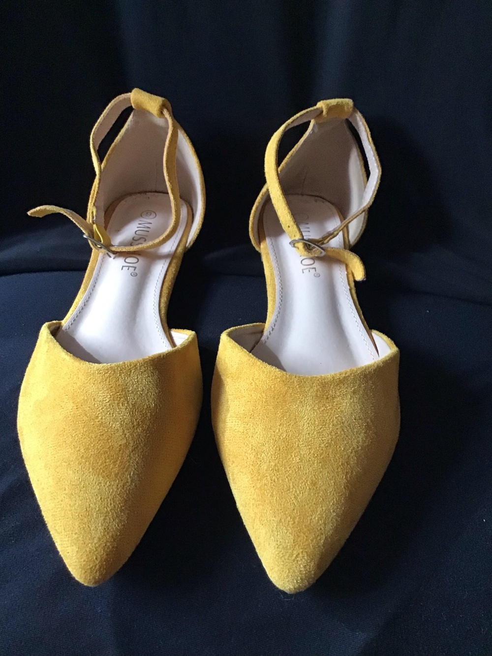 489 Pointed-Toe Suede Ankle-Strap Flats in Yellow by Musshoe (HFS)
